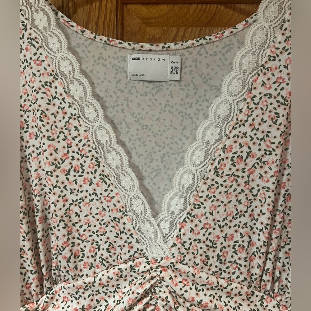 ASOS‎ Design Curve White & Pink Floral Print Lace Trim Dress Plus Size 20 - Picture 3 of 10